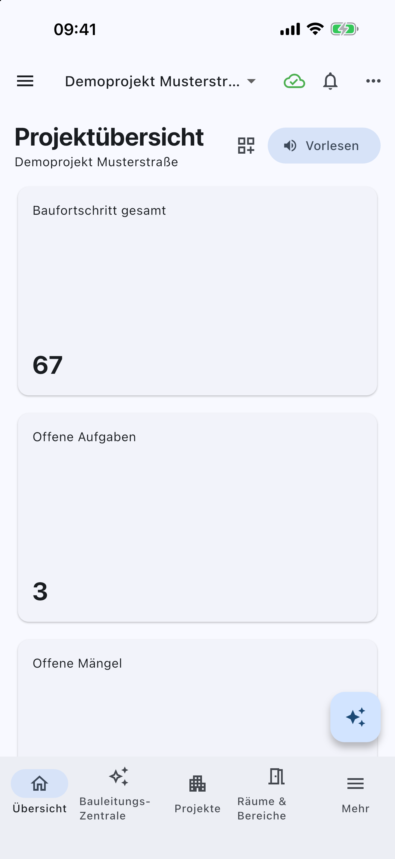 orga.cam-Projektübersicht auf dem iPhone mit Demodaten